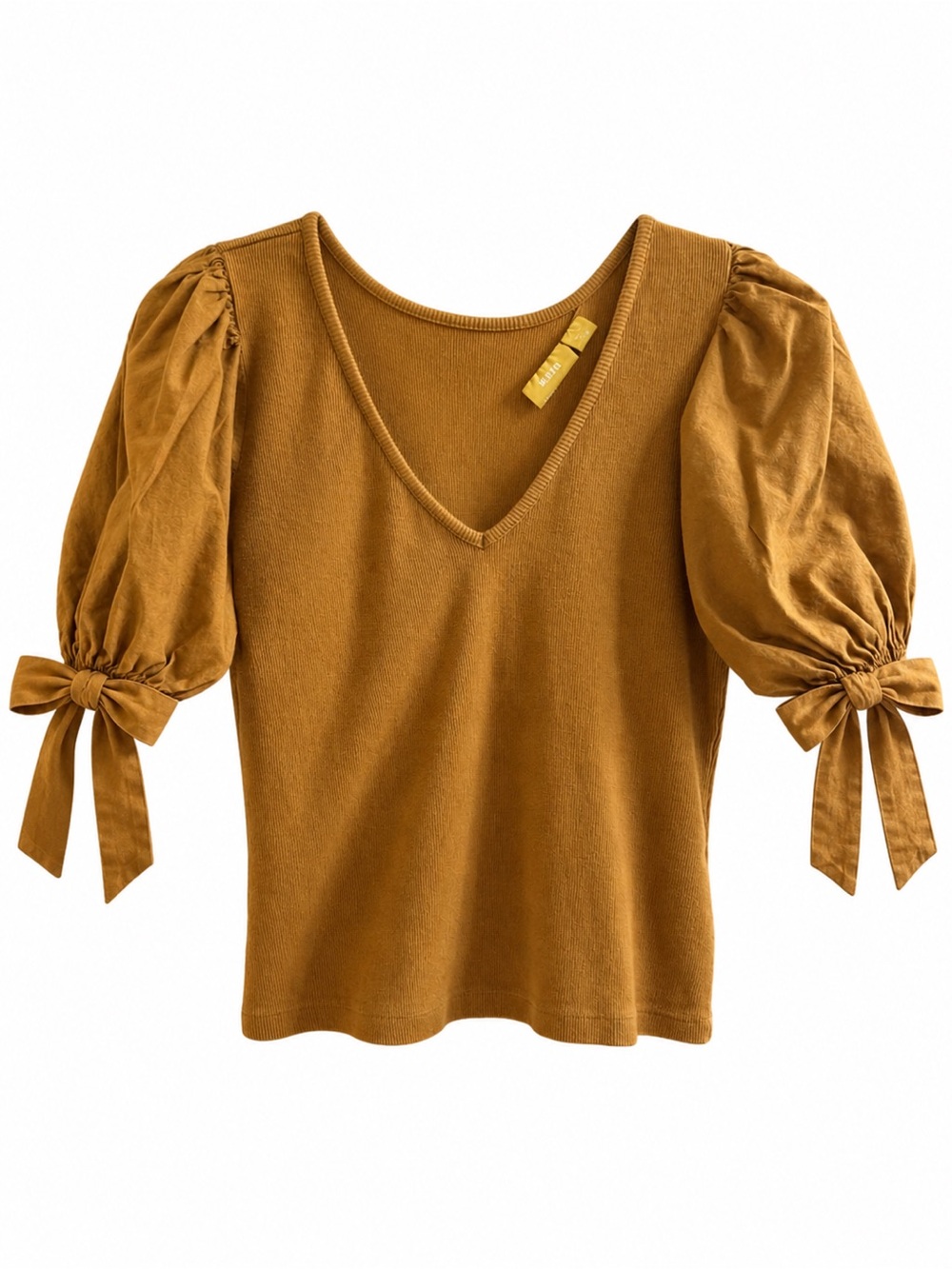Maeve by Anthropologie Mustard Ribbed Blouse with Tie-Cuff puff Sleeves Size M